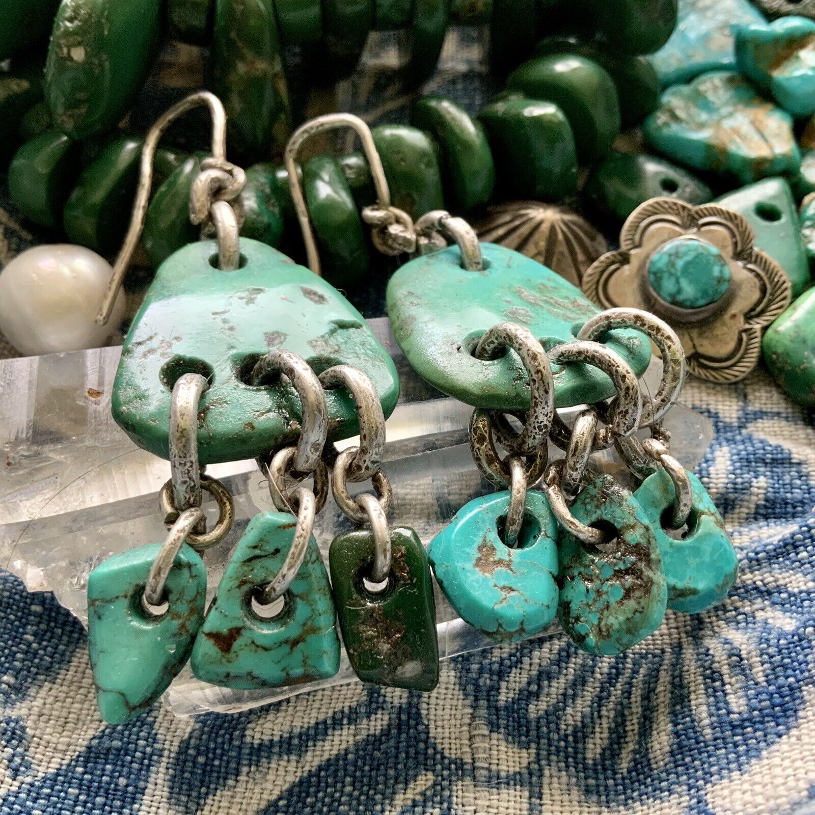 1900s ZUNI STYLE Blue & Green Turquoise Tab Earrings Ear Bob Hand Wrought Silver