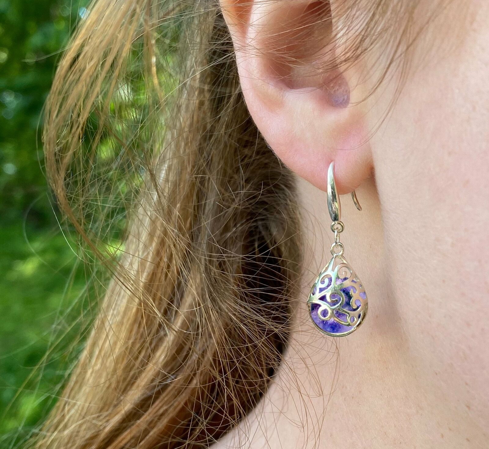 Recycled Early 1900's Purple Medicine Bottle Sterling Silver Teardrop Earring