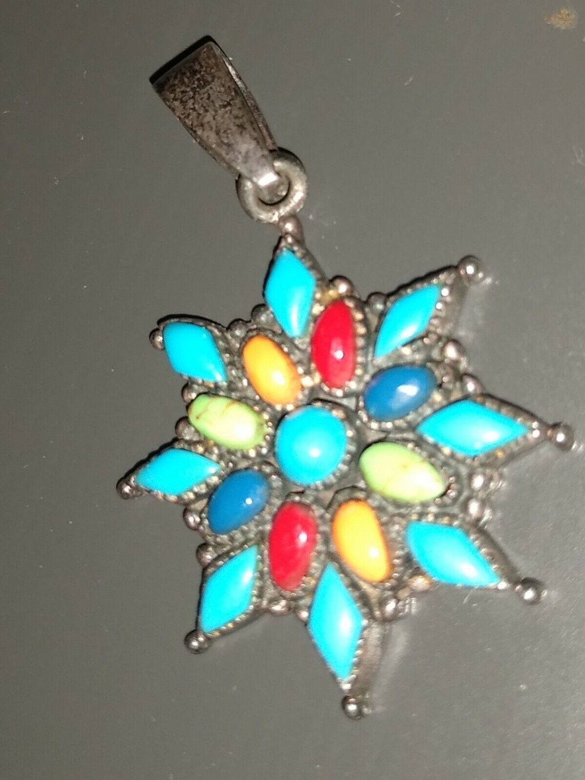 Antique Silver Turquoise Red Agate Blue Lapis Star Pendant early 1900s