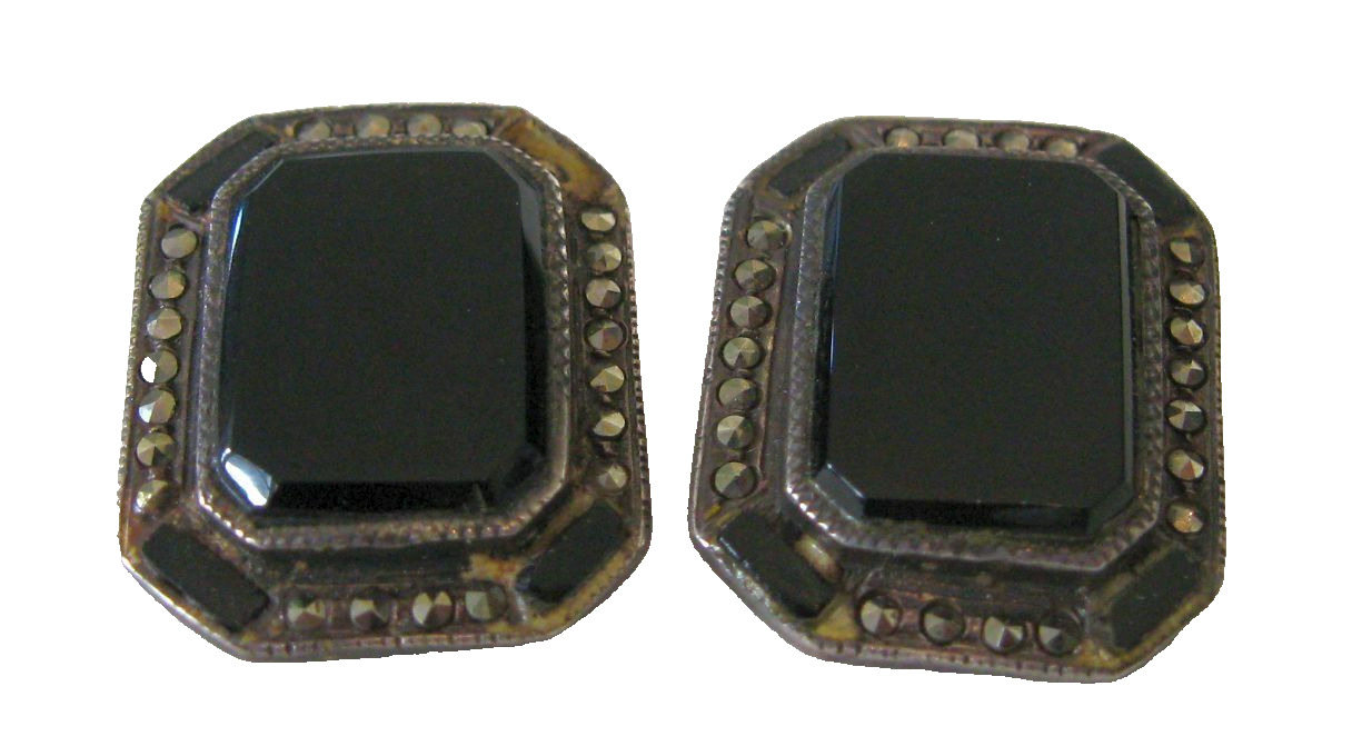 Pair Black Onyx & Marcasite Sterling Silver Clip On Earrings circa 1900s