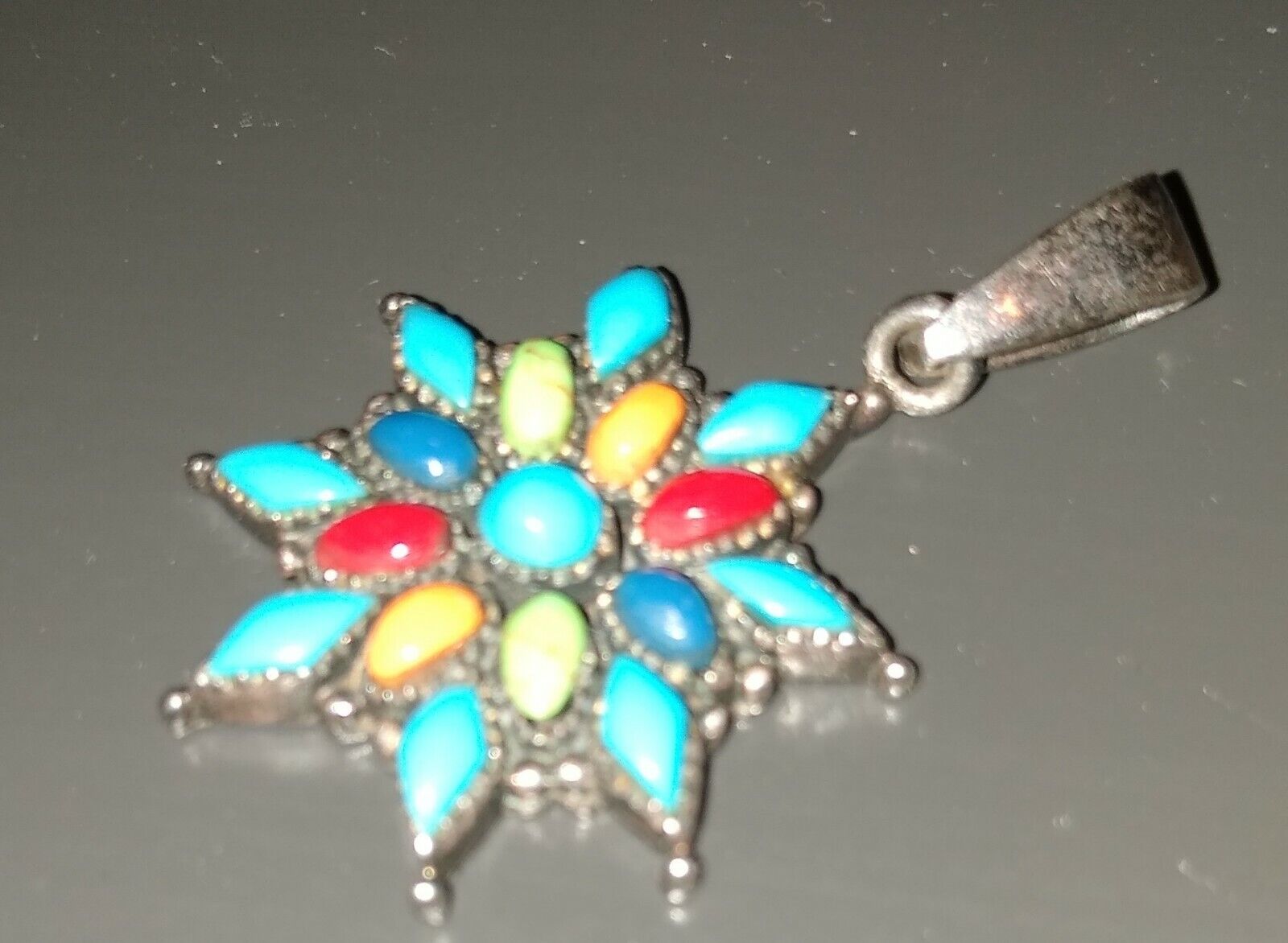 Antique Silver Turquoise Red Agate Blue Lapis Star Pendant early 1900s 