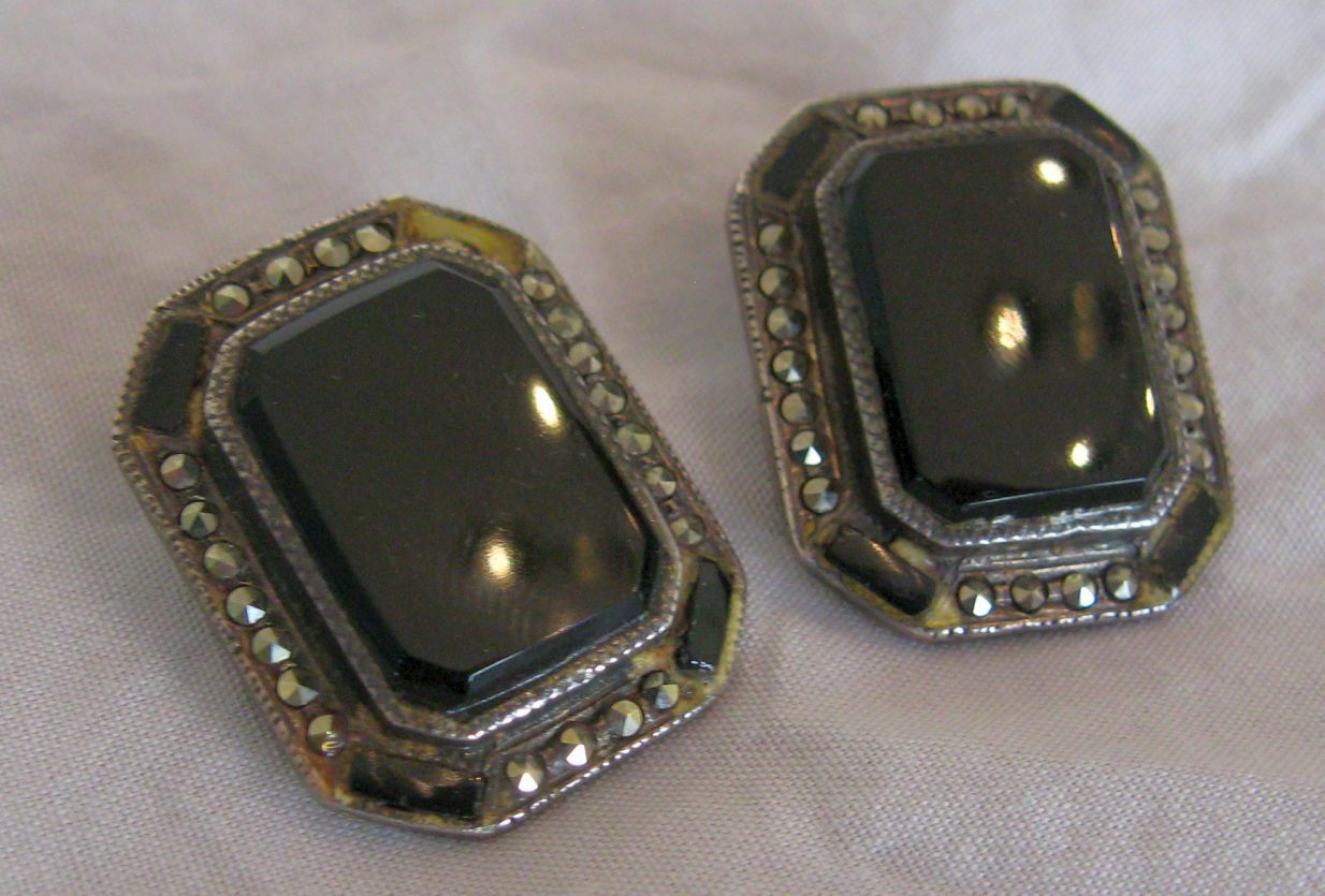 Pair Black Onyx & Marcasite Sterling Silver Clip On Earrings circa 1900s