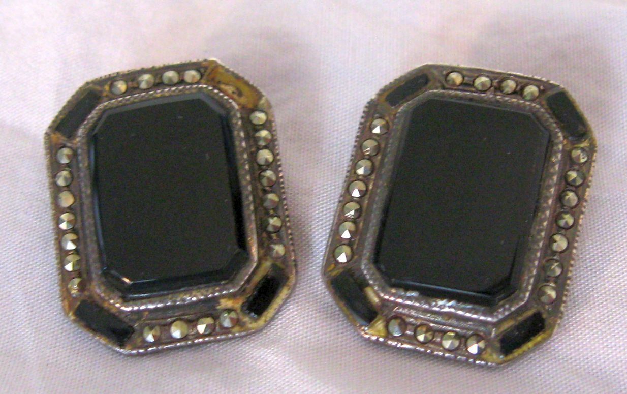 Pair Black Onyx & Marcasite Sterling Silver Clip On Earrings circa 1900s