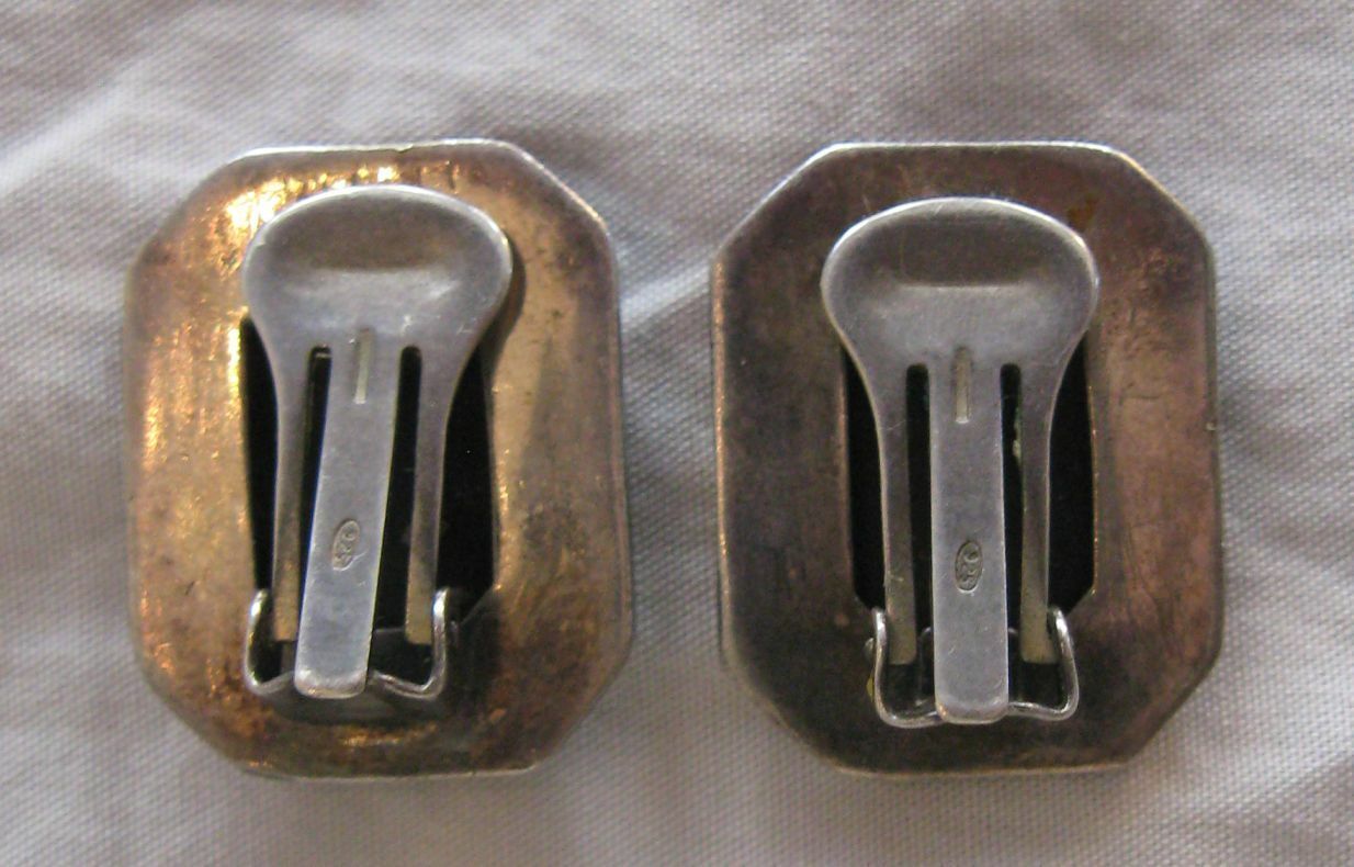 Pair Black Onyx & Marcasite Sterling Silver Clip On Earrings circa 1900s