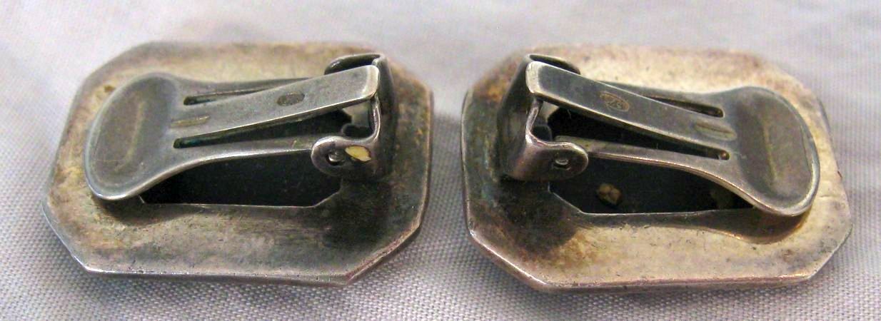 Pair Black Onyx & Marcasite Sterling Silver Clip On Earrings circa 1900s