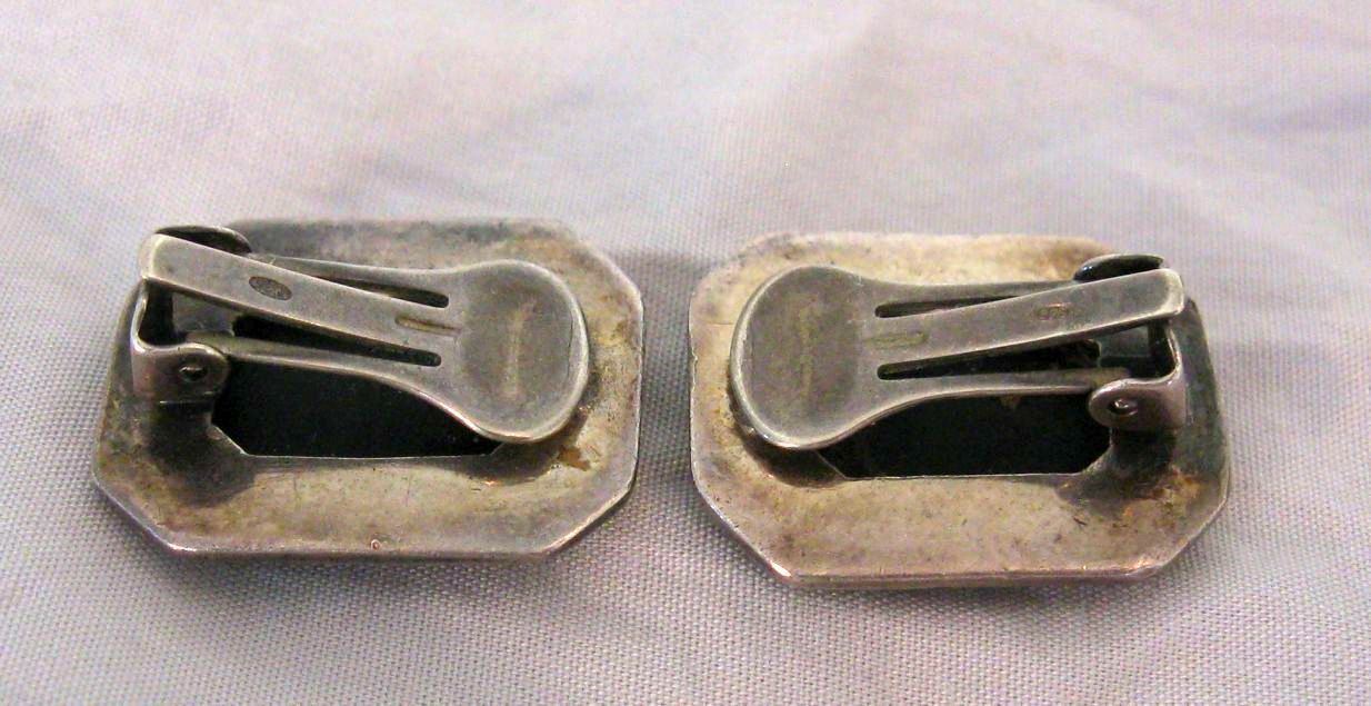 Pair Black Onyx & Marcasite Sterling Silver Clip On Earrings circa 1900s