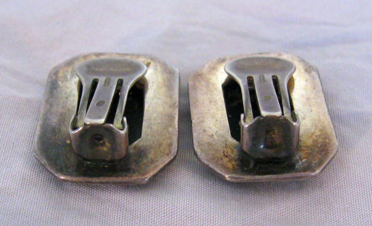 Pair Black Onyx & Marcasite Sterling Silver Clip On Earrings circa 1900s