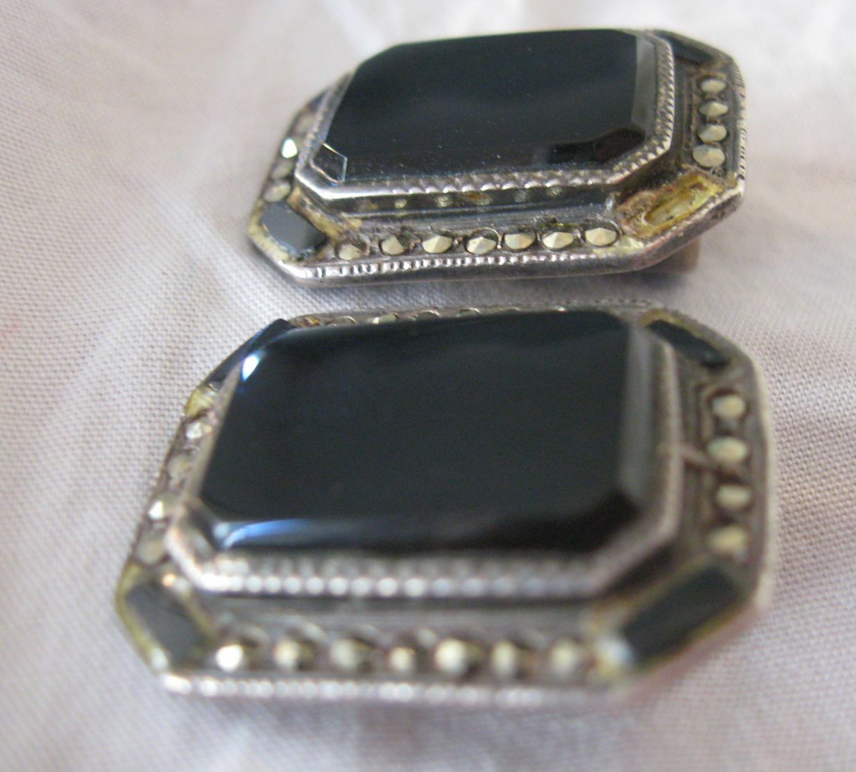 Pair Black Onyx & Marcasite Sterling Silver Clip On Earrings circa 1900s