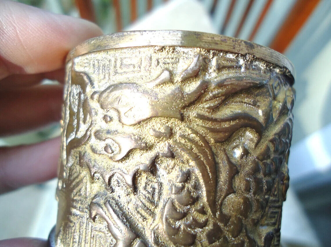Antique Bronze Dragon Lg.Napkin Rings(set of 5) Embossed Art/over 2.5in 1800's
