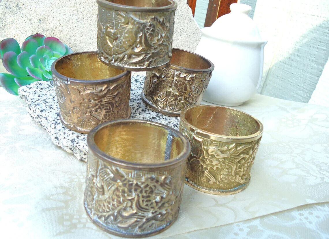 Antique Bronze Dragon Lg.Napkin Rings(set of 5) Embossed Art/over 2.5in 1800's