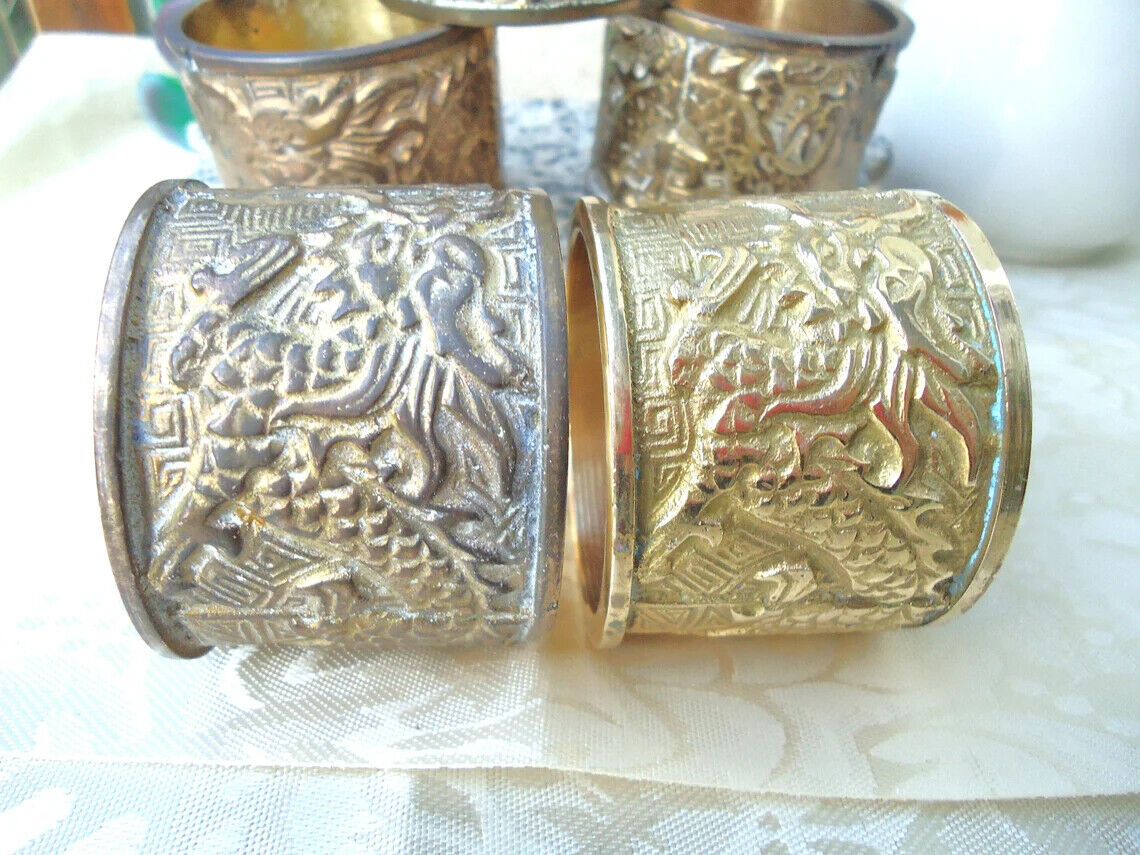 Antique Bronze Dragon Lg.Napkin Rings(set of 5) Embossed Art/over 2.5in 1800's
