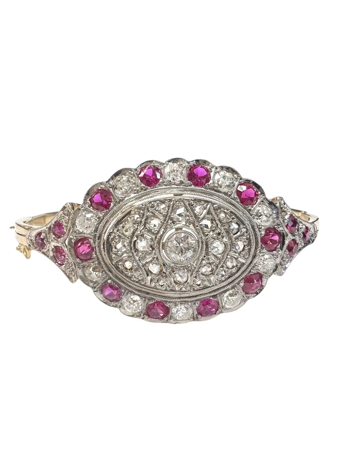 Victorian 1900s Bangle with Rubies and Diamonds in 14 karat yellow gold
