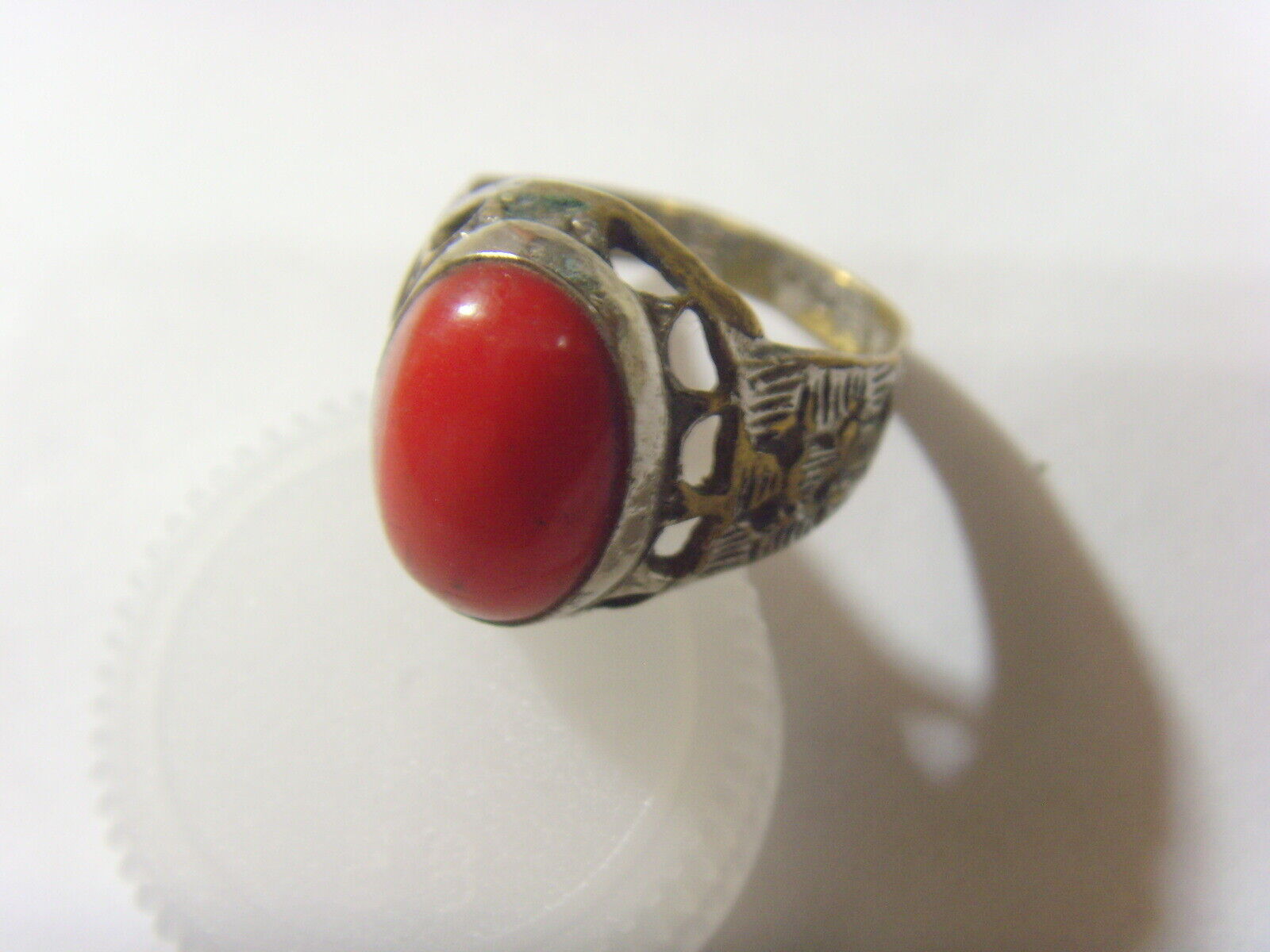 1700s antique coral cabochon tribal wedding ring sz 10 central Asia hf1707