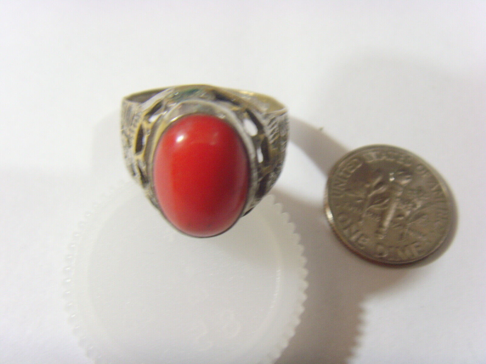 1700s antique coral cabochon tribal wedding ring sz 10 central Asia hf1707