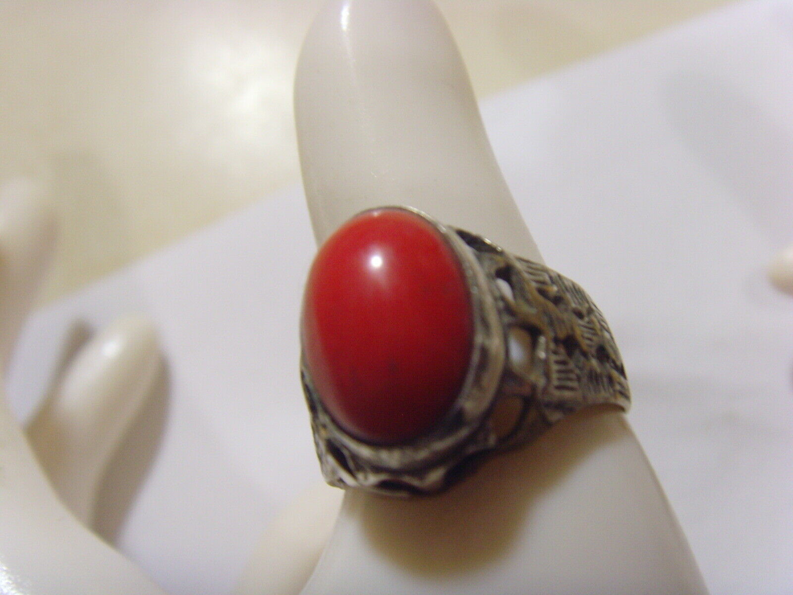 1700s antique coral cabochon tribal wedding ring sz 10 central Asia hf1707