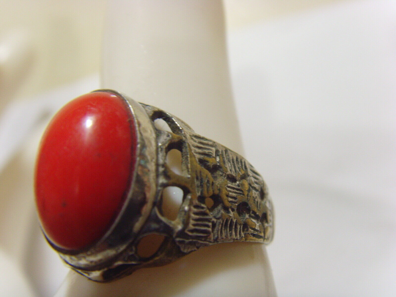 1700s antique coral cabochon tribal wedding ring sz 10 central Asia hf1707