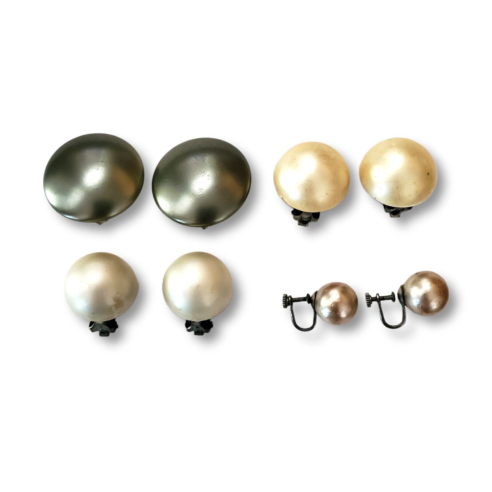 Antique Germany Austria Japan Metallic Round Pearl Style Clip-on Earrings Lot 4