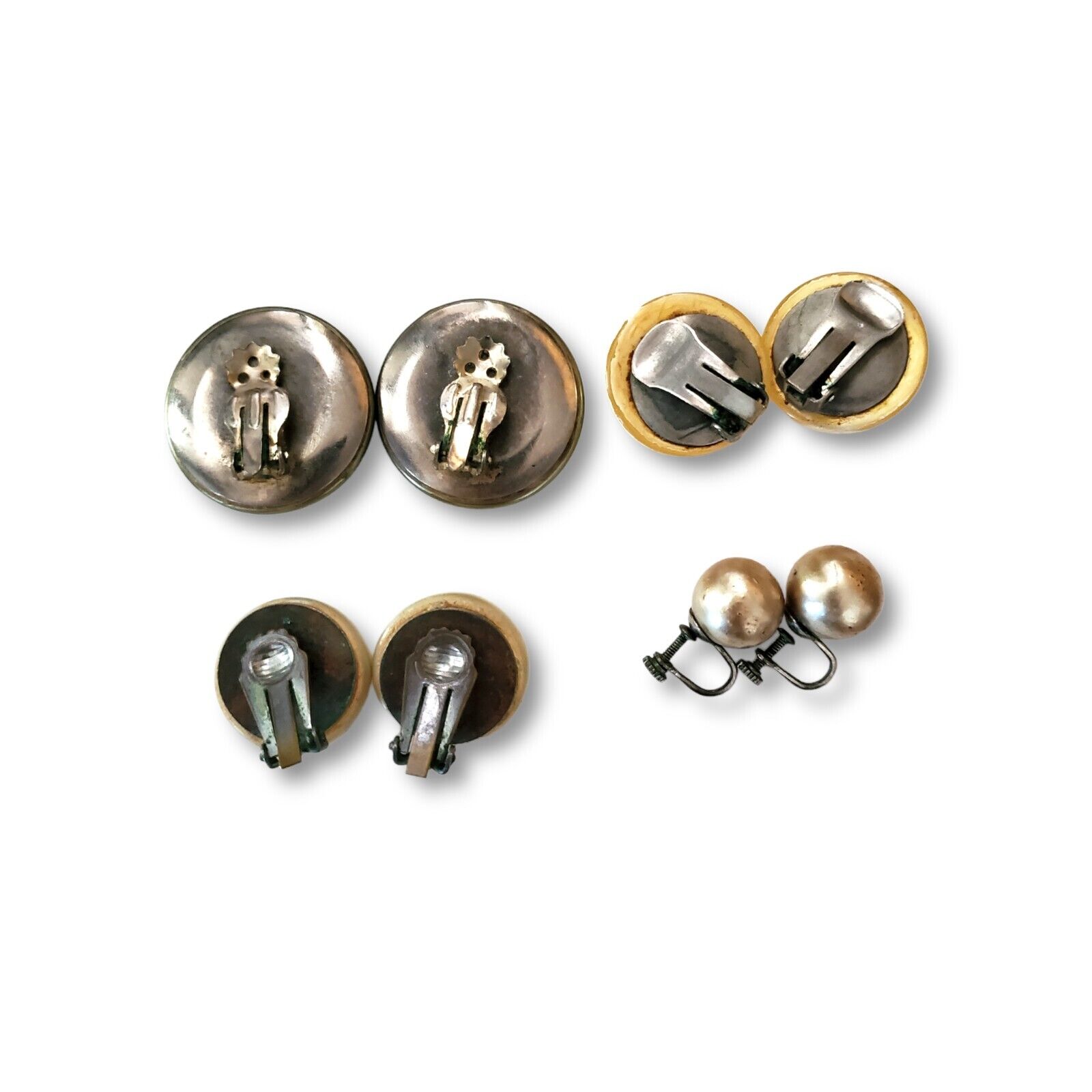 Antique Germany Austria Japan Metallic Round Pearl Style Clip-on Earrings Lot 4