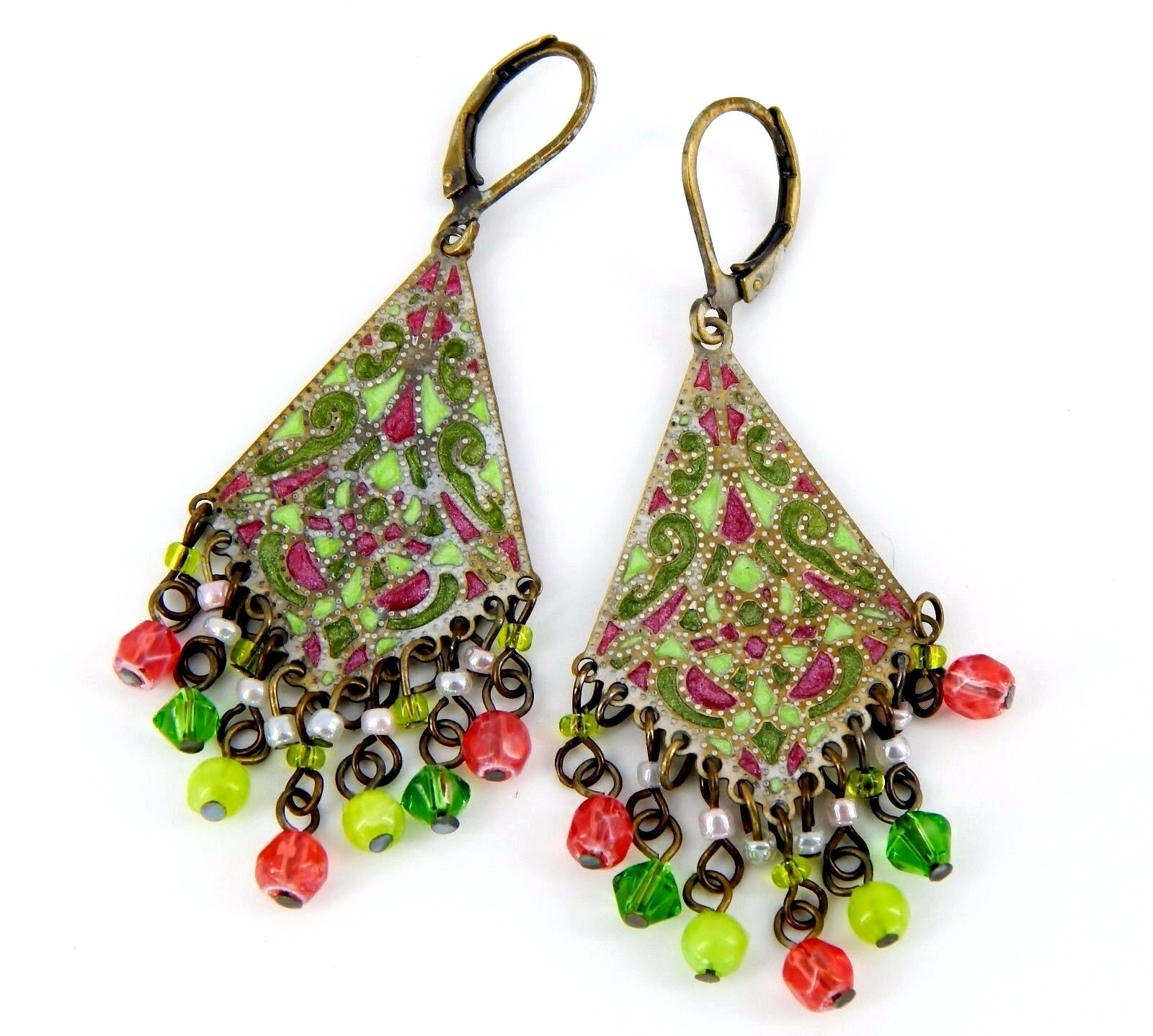 Antique Early 1900s Brass Plique a Jour Enamel, Crystal, Pearl Dangle Earrings