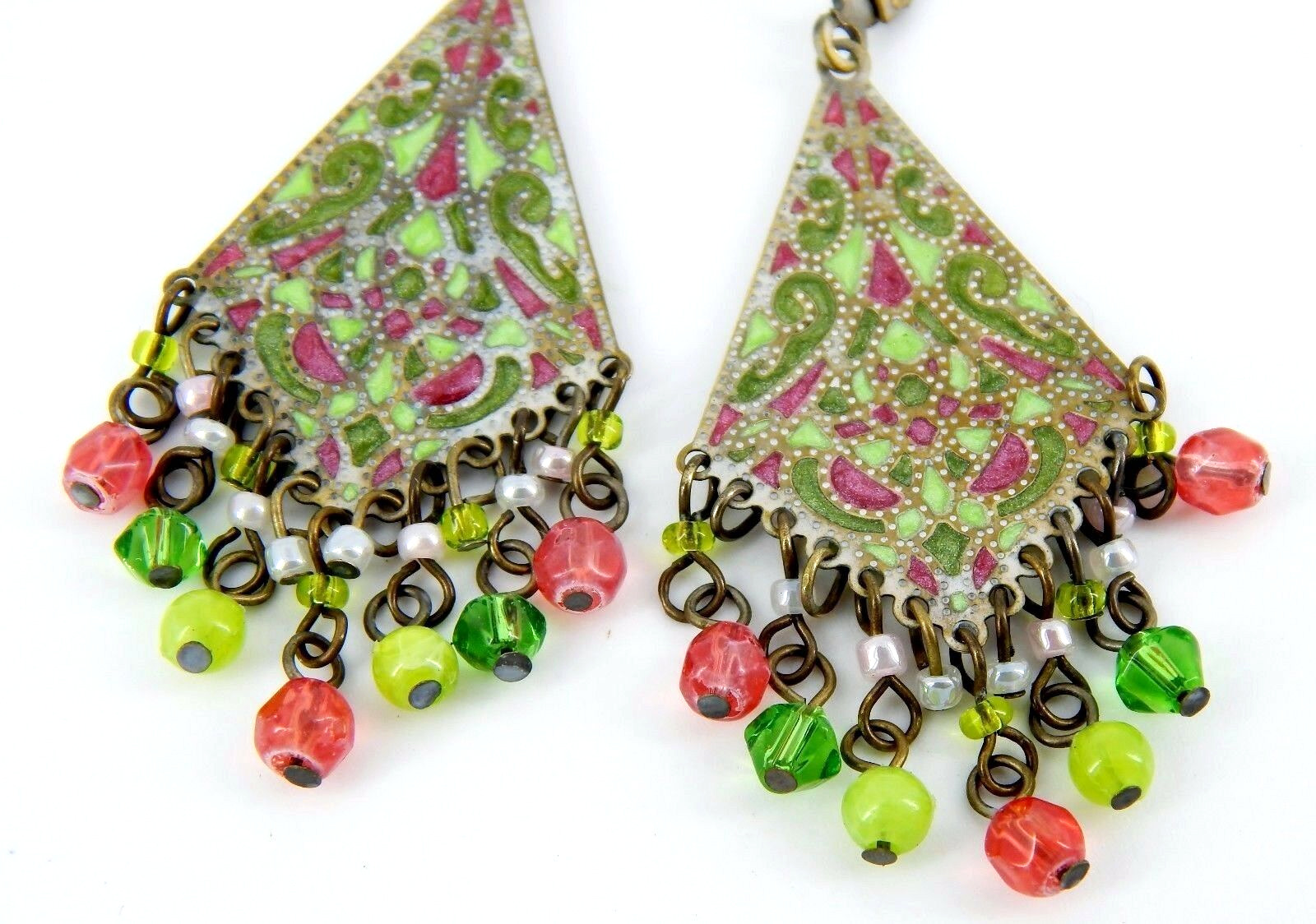 Antique Early 1900s Brass Plique a Jour Enamel, Crystal, Pearl Dangle Earrings