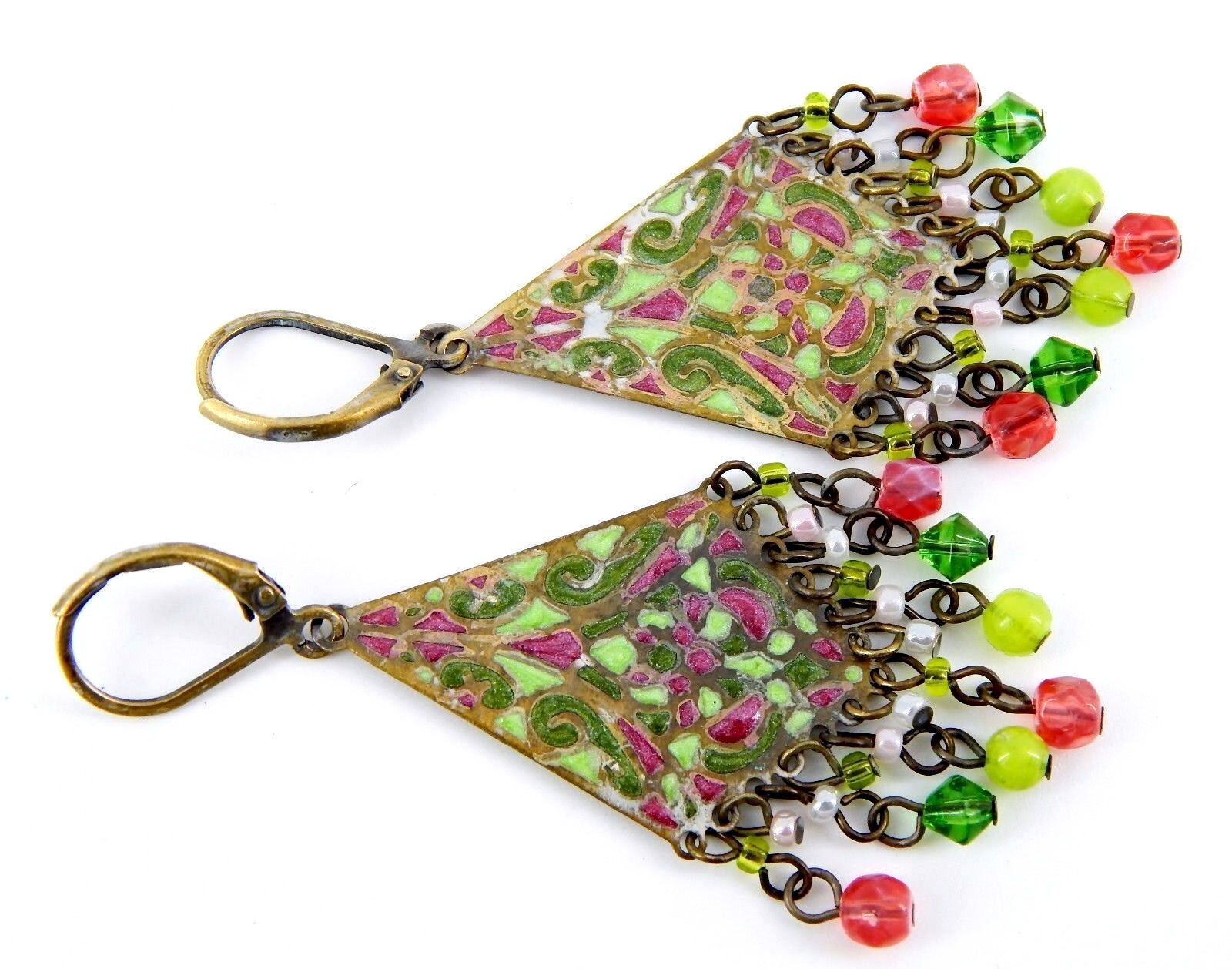 Antique Early 1900s Brass Plique a Jour Enamel, Crystal, Pearl Dangle Earrings