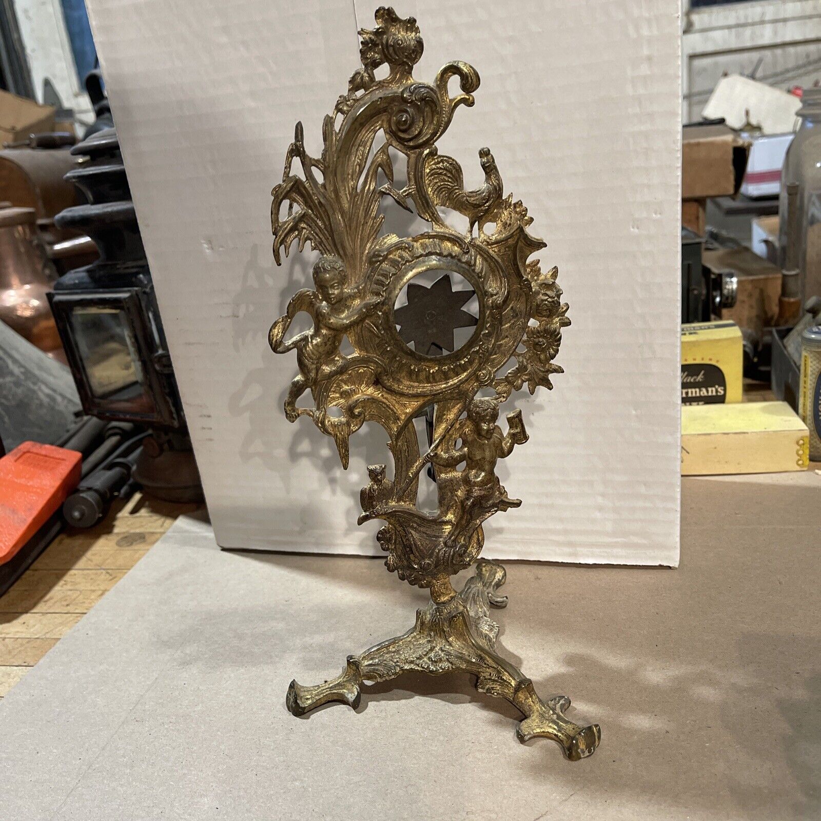 1700’S GILT METAL POCKET WATCH HOLDER WITH CHERUBS, ROOSTER & OWL.