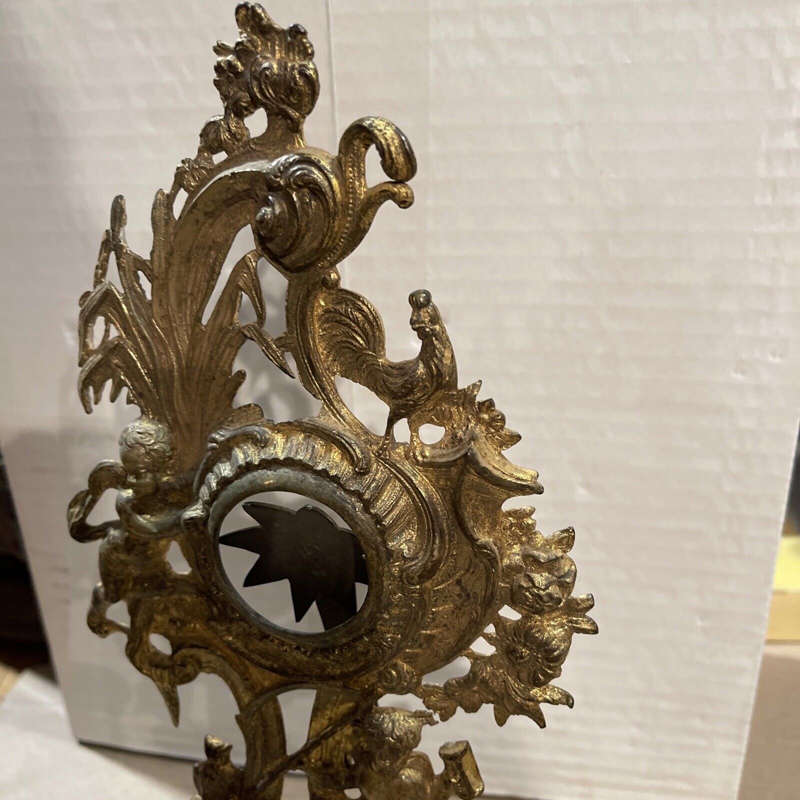 1700’S GILT METAL POCKET WATCH HOLDER WITH CHERUBS, ROOSTER & OWL.
