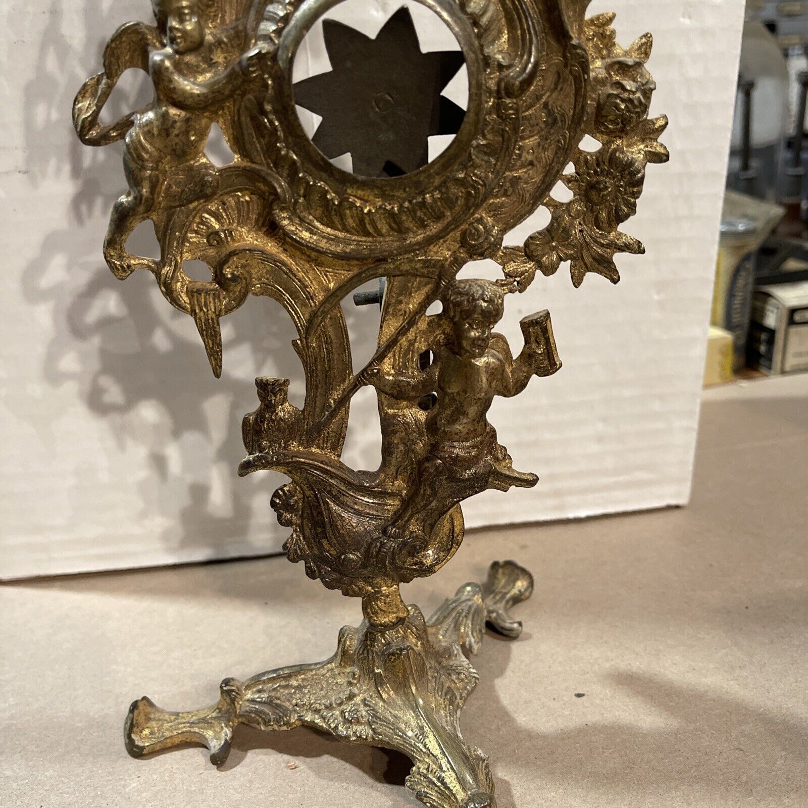 1700’S GILT METAL POCKET WATCH HOLDER WITH CHERUBS, ROOSTER & OWL.