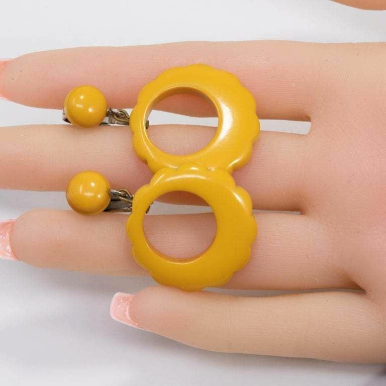 Butterscotch Yellow Bakelite Dangling Clip on Earrings, Silvertone, Early 1900s