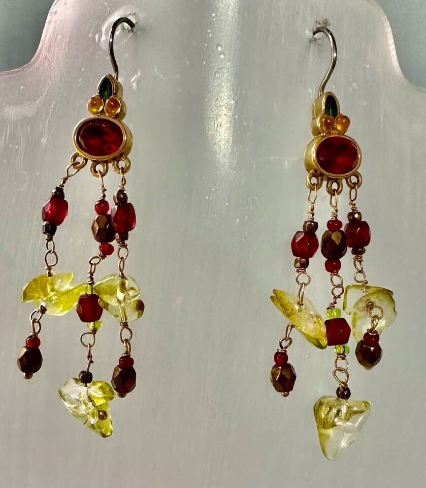 Vintage 1900s Liz Claiborne Gold Pierced Earrings with Red and Green Stones