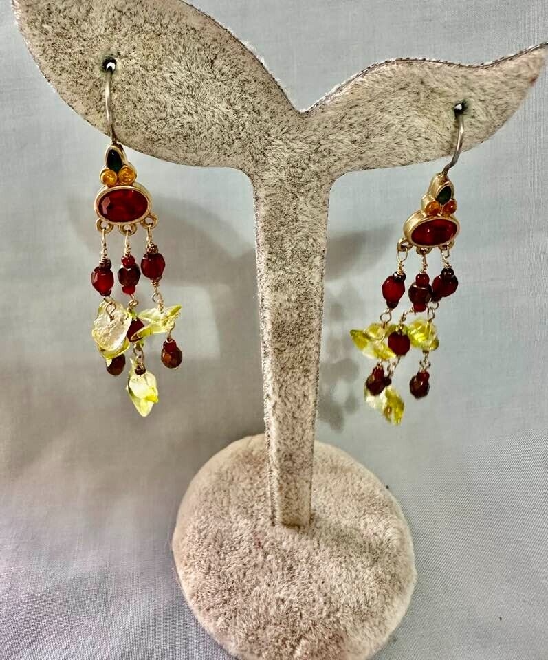 Vintage 1900s Liz Claiborne Gold Pierced Earrings with Red and Green Stones