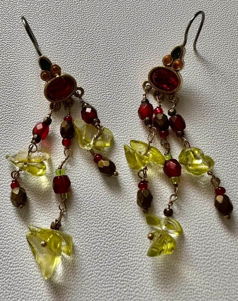 Vintage 1900s Liz Claiborne Gold Pierced Earrings with Red and Green Stones
