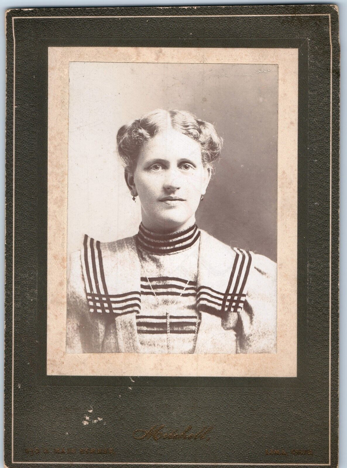 c1900s Lima OH Young Woman Striped Dress Cabinet Card Photo Earrings Mitchell B1