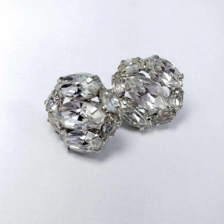 Clear Crystal Cluster Earrings in Silver, Mid 1900s, Prong Set, Screw Back Hardw