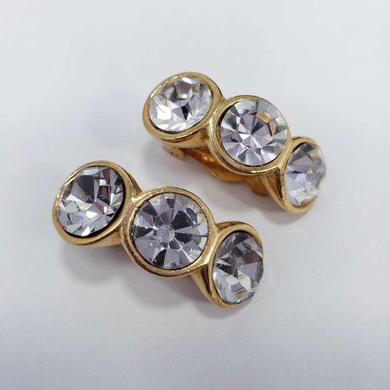 Large Clear 3 Crystal Clip On Earrings in Gold Tone, Mid 1900s