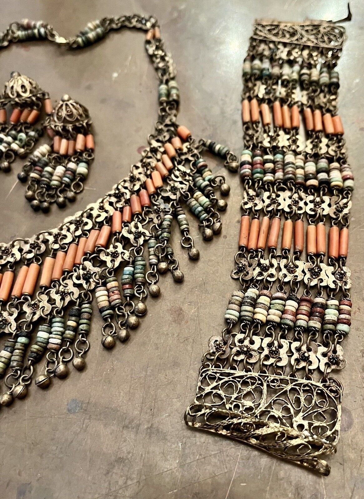 Early 1900’s Egyptian Reivial Necklace, Earrings  And Bracelet - Silver & Stones