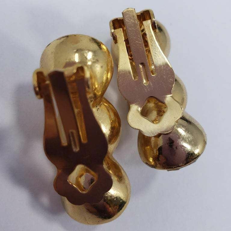 Large Clear 3 Crystal Clip On Earrings in Gold Tone, Mid 1900s