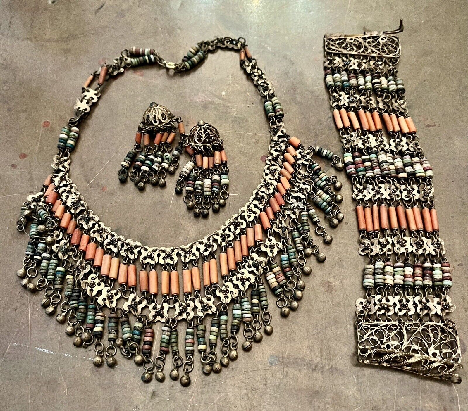 Early 1900’s Egyptian Reivial Necklace, Earrings  And Bracelet - Silver & Stones