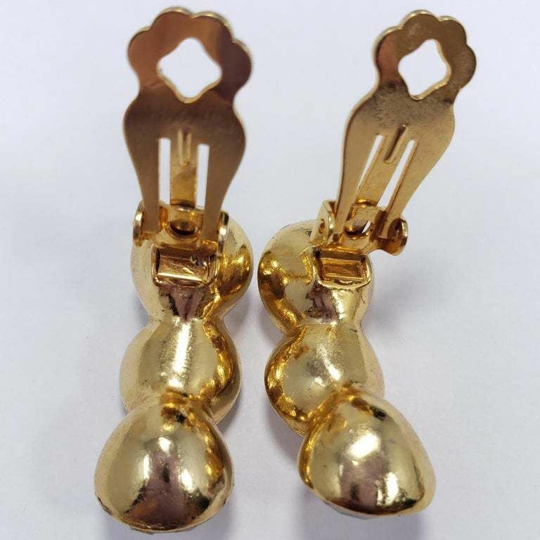 Large Clear 3 Crystal Clip On Earrings in Gold Tone, Mid 1900s