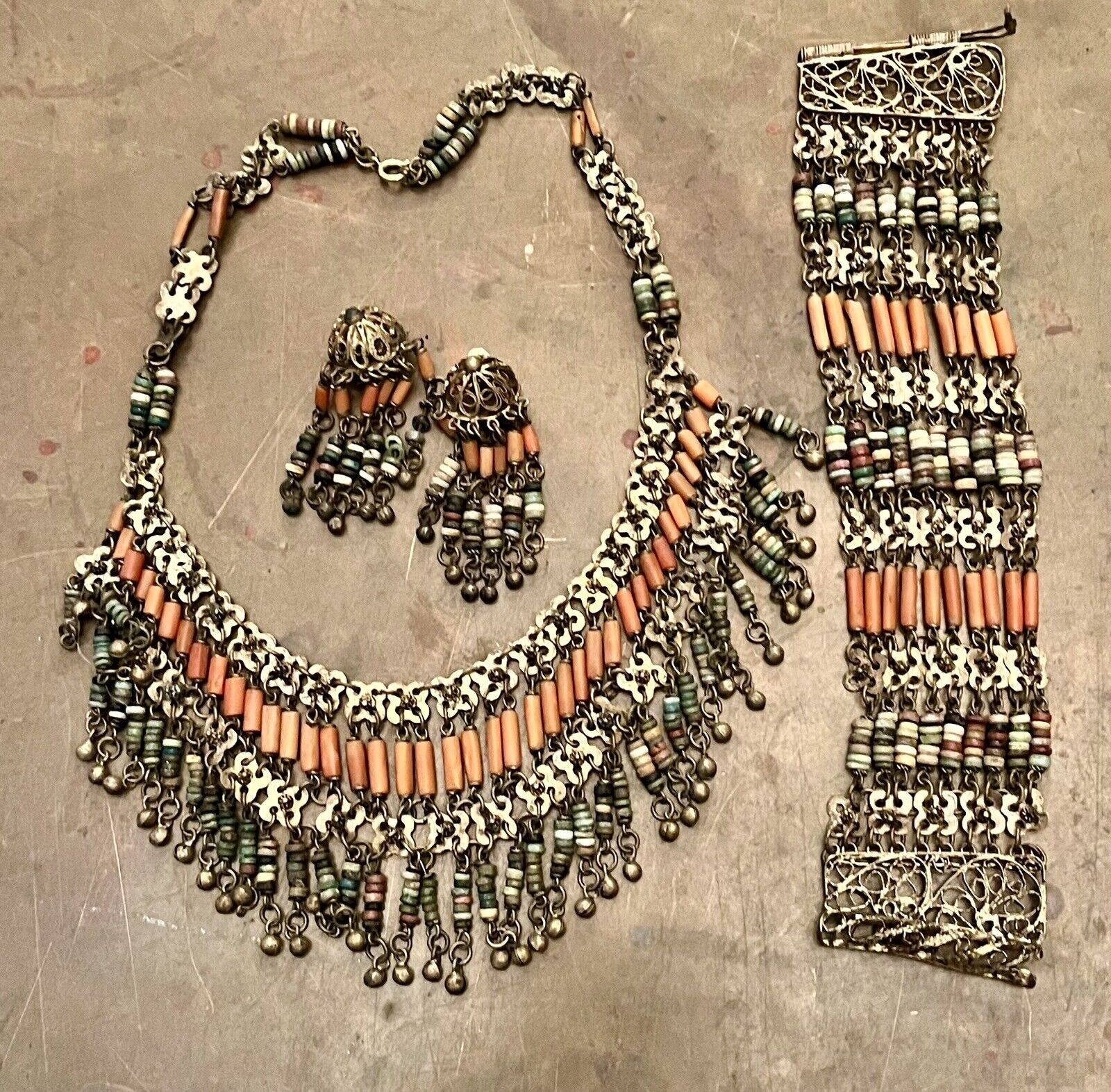 Early 1900’s Egyptian Reivial Necklace, Earrings  And Bracelet - Silver & Stones