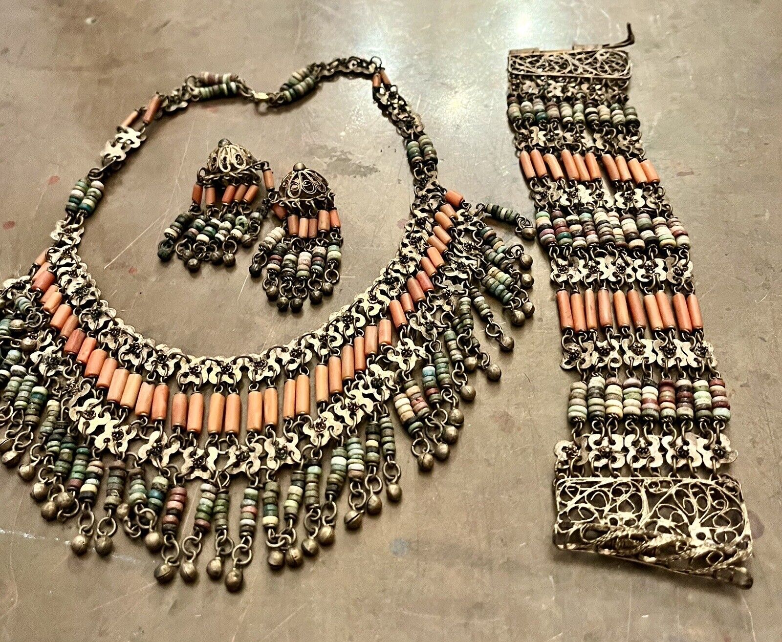 Early 1900’s Egyptian Reivial Necklace, Earrings  And Bracelet - Silver & Stones