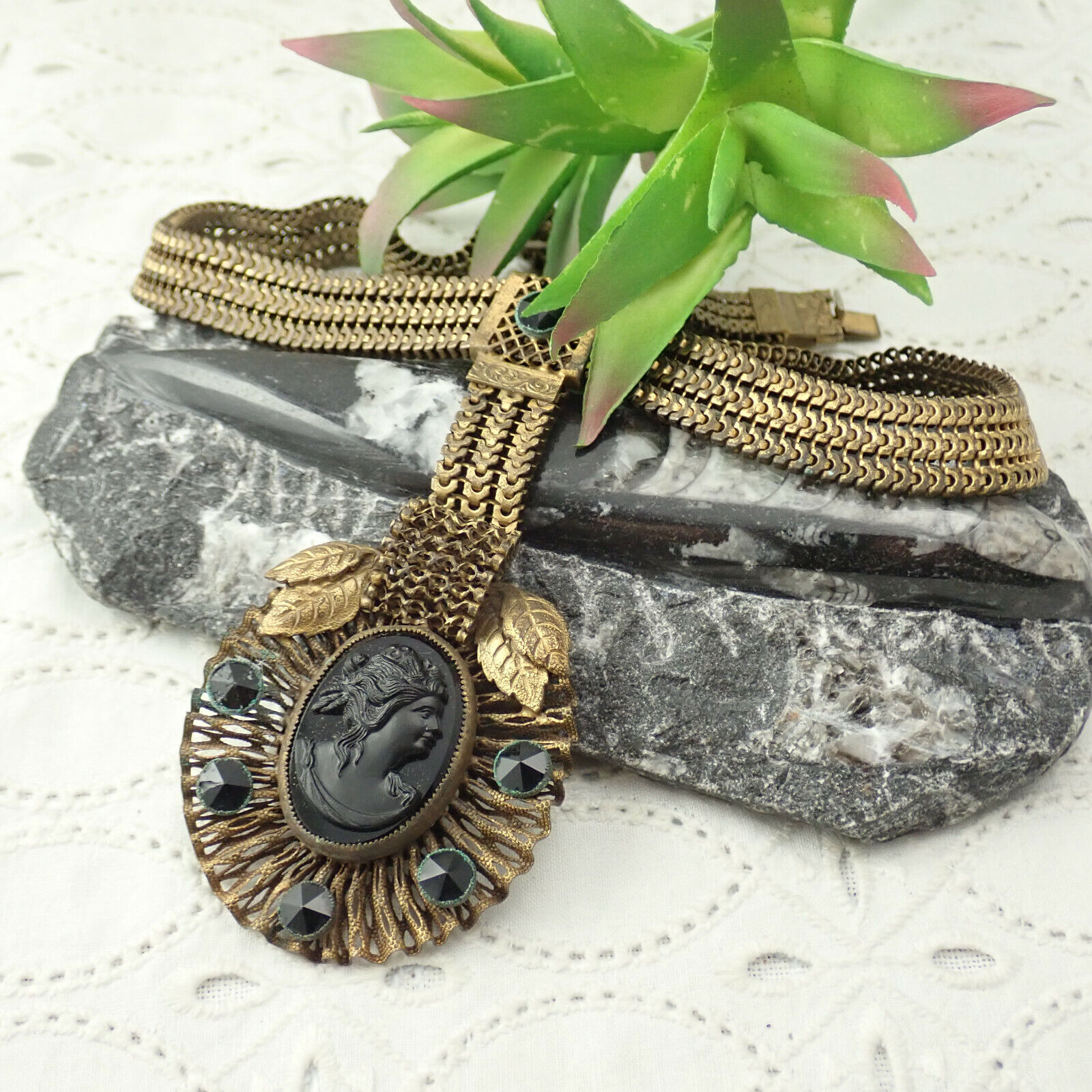 Victorian 1900s Black Glass Cameo Rhinestone Brass Mesh 16 1/2" Pendant Necklace