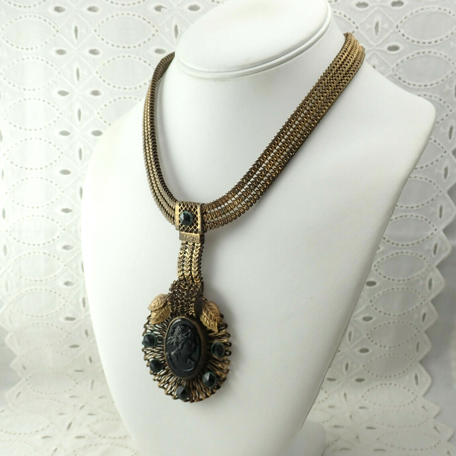 Victorian 1900s Black Glass Cameo Rhinestone Brass Mesh 16 1/2" Pendant Necklace