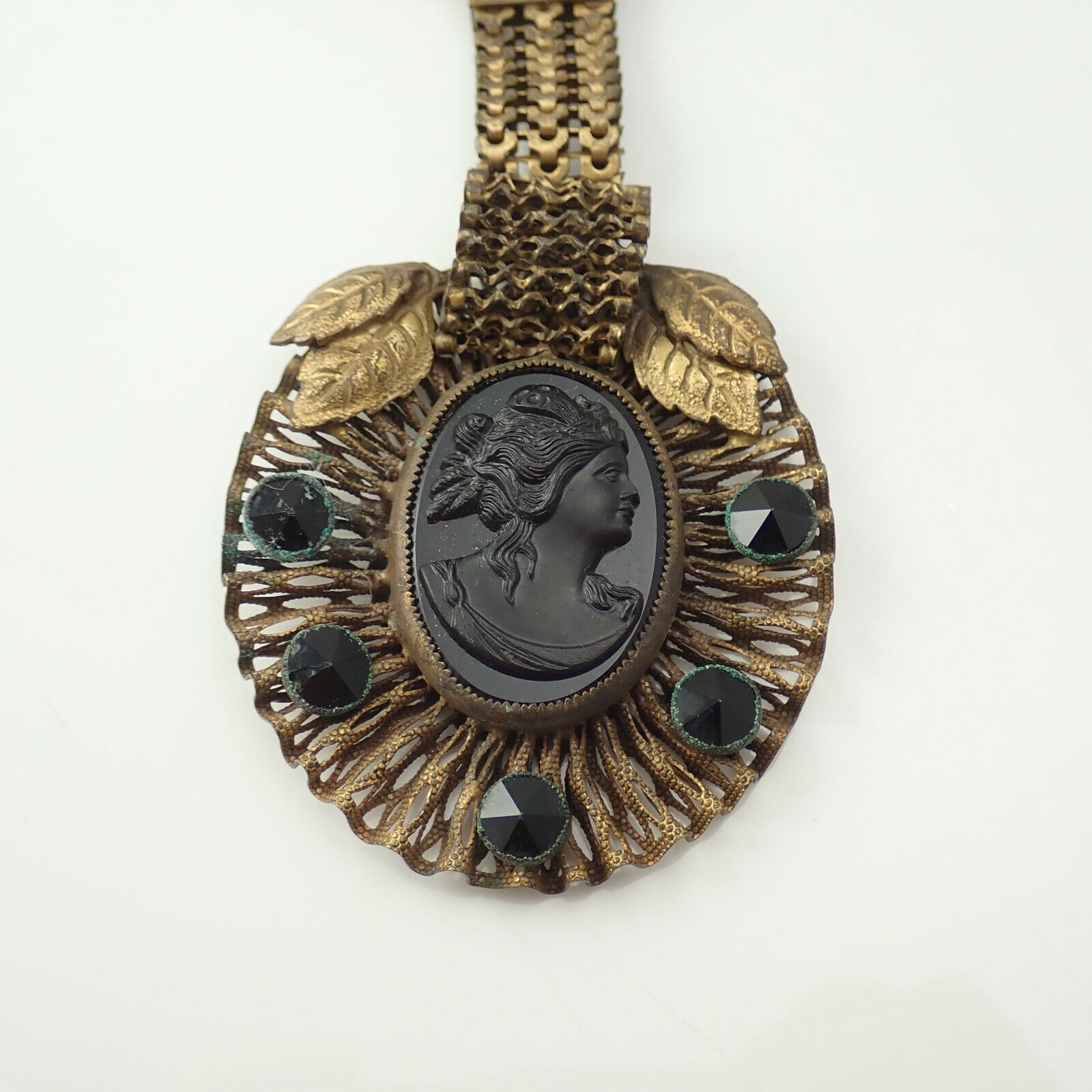 Victorian 1900s Black Glass Cameo Rhinestone Brass Mesh 16 1/2" Pendant Necklace