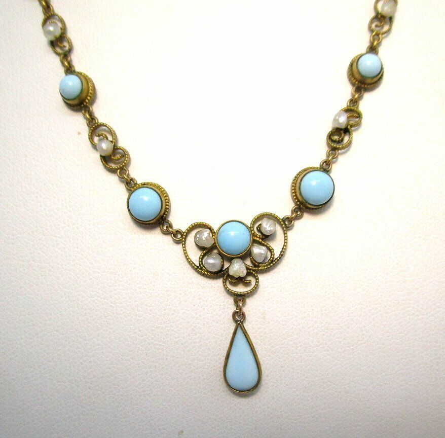 Vintage GP Pendant Necklace with Real Pearls and Blue Glass early 1900’s