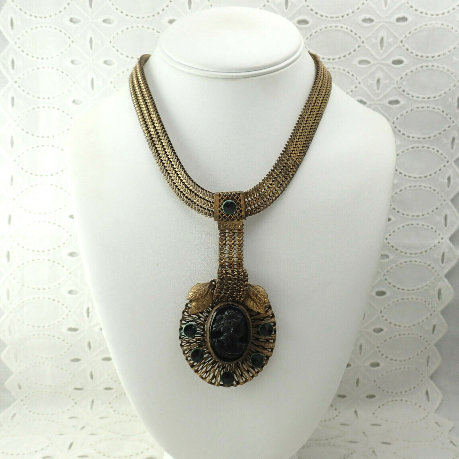 Victorian 1900s Black Glass Cameo Rhinestone Brass Mesh 16 1/2" Pendant Necklace