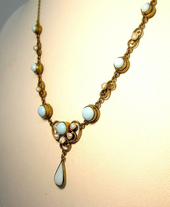 Vintage GP Pendant Necklace with Real Pearls and Blue Glass early 1900’s