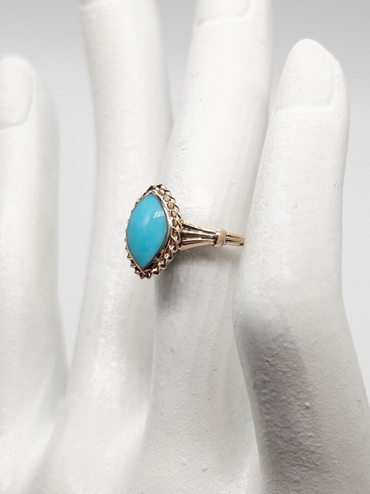 Antique 1900s Edwardian 2ct Natural Marquis Turquoise 10k Yellow Gold Ring