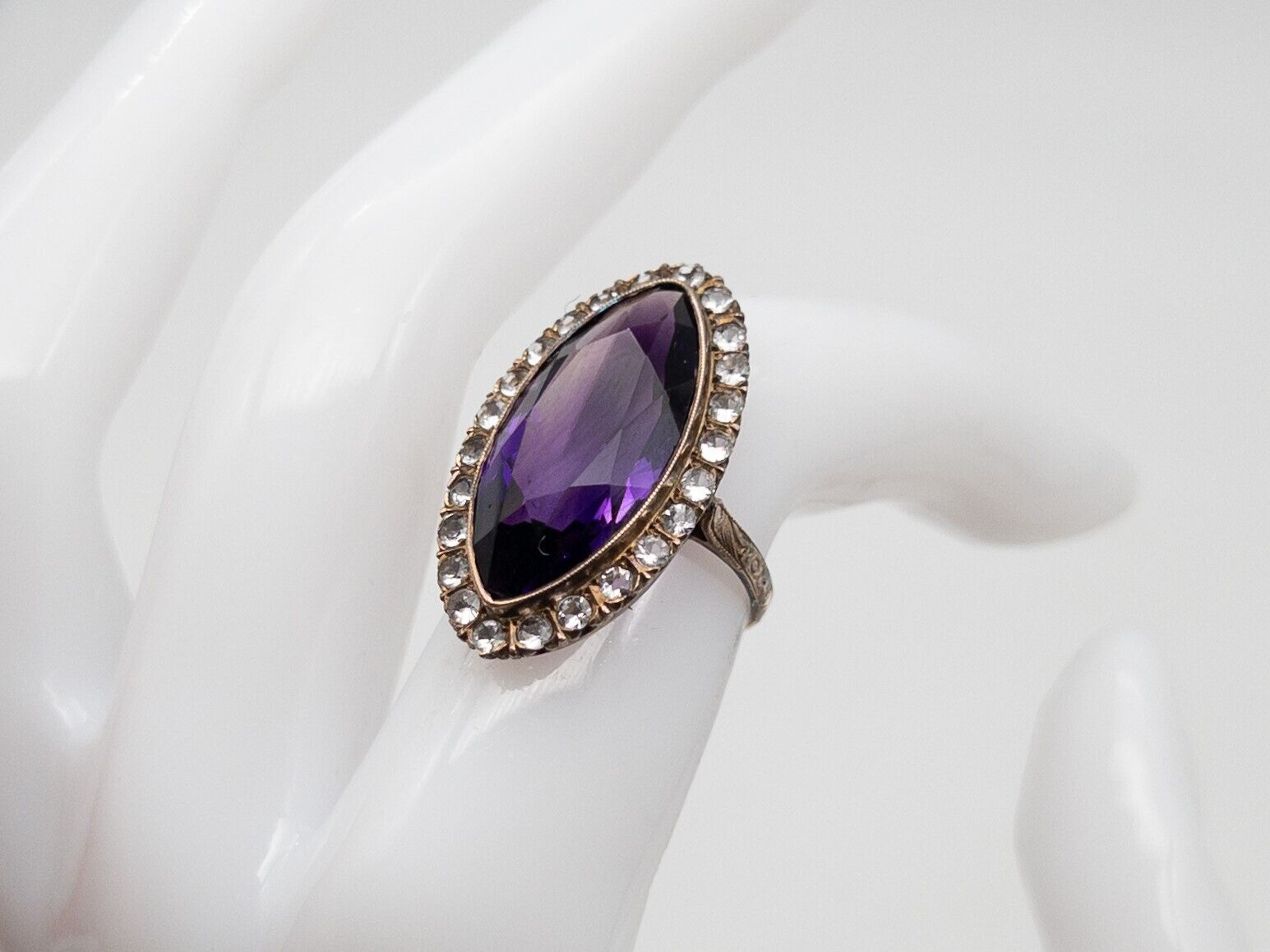 Antique Edwardian 1900s 10ct Amethyst White Sapphire 10k Yellow Gold HALO Ring