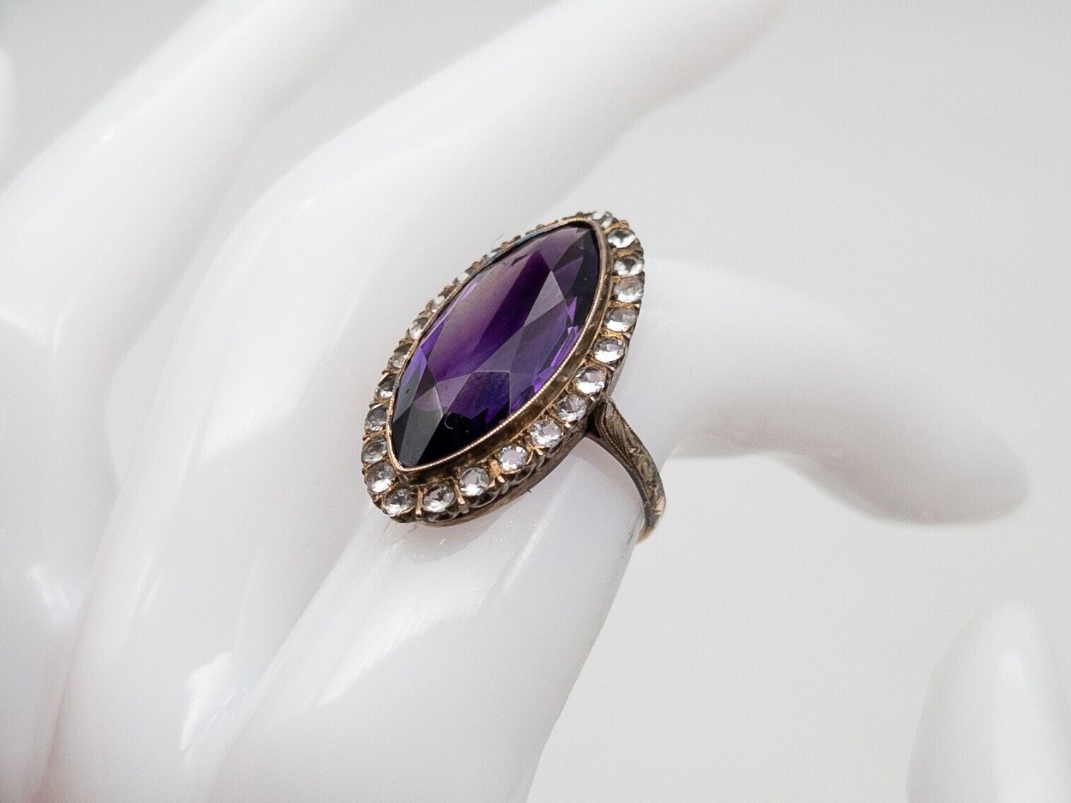 Antique Edwardian 1900s 10ct Amethyst White Sapphire 10k Yellow Gold HALO Ring